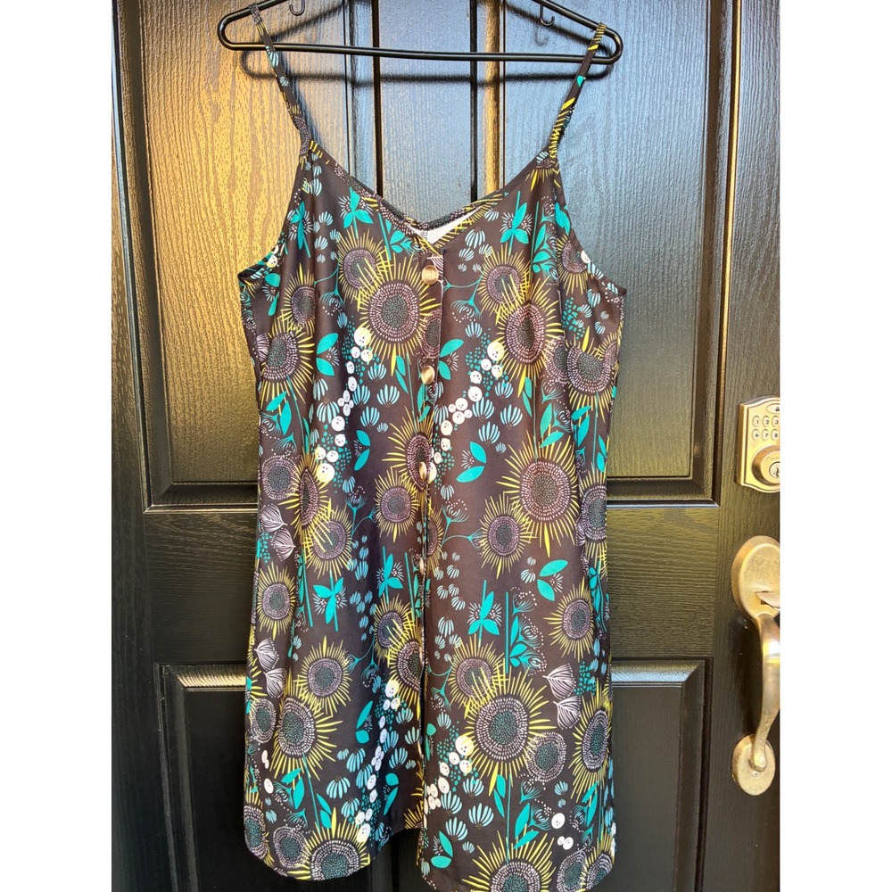 Floral Button Front Mini Sun Dress Brown Teal Green Spaghetti‎ Strap Boho Summer